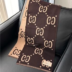Gucci Brown & Tan GG Logo Wool Blend Scarf with Fringed Trim